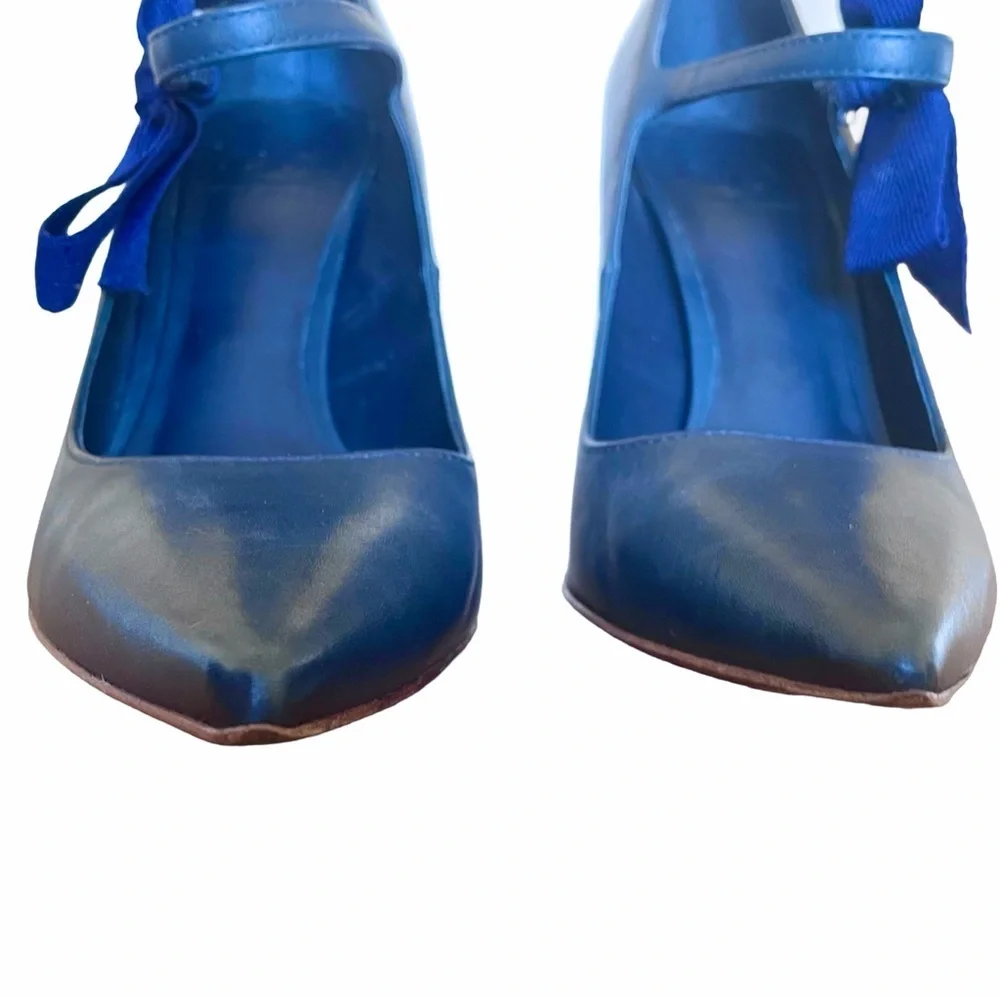 Tory Burch Beverly Navy Leather Bow Mary Jane Pumps Size 9 Pointed Toe Heels